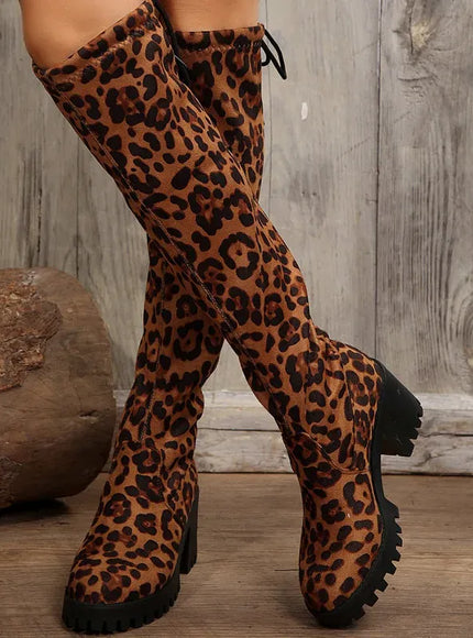 KissICON Western Brown Leopard Thigh High Boots for Women