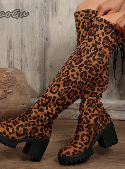 KissICON Western Brown Leopard Thigh High Boots for Women