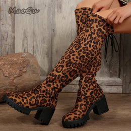 KissICON Western Brown Leopard Thigh High Boots for Women