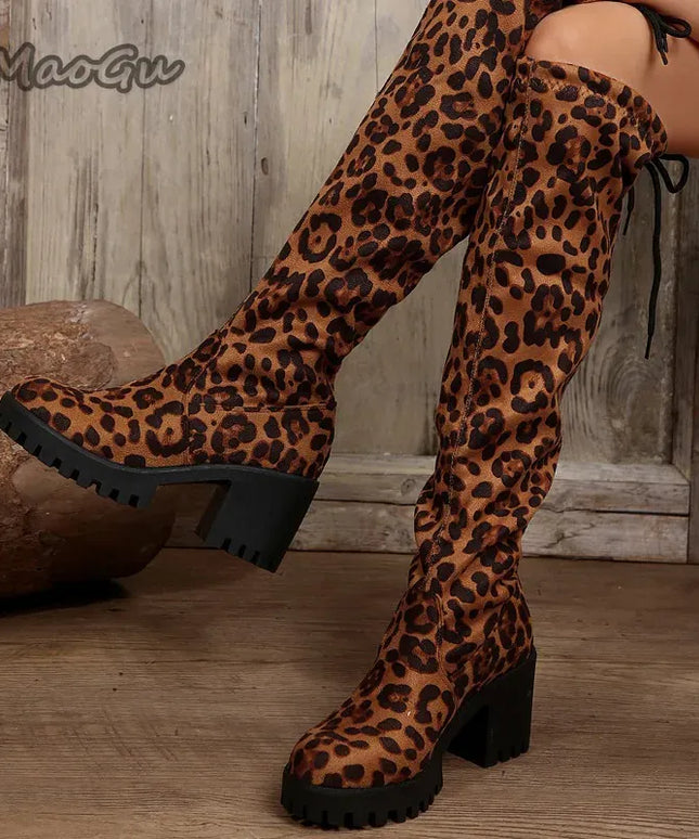 KissICON Western Brown Leopard Thigh High Boots for Women