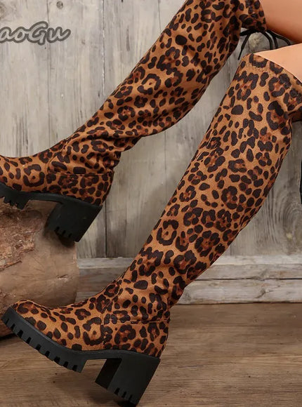 KissICON Western Brown Leopard Thigh High Boots for Women