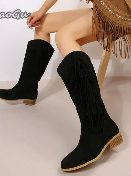 KissICON Western Cowboy Knee-High Boots Black Brown Tassels Women's