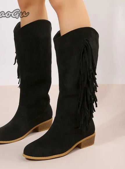 KissICON Western Cowboy Knee-High Boots Black Brown Tassels Women's