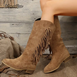 KissICON Western Cowboy Knee-High Boots Black Brown Tassels Women's