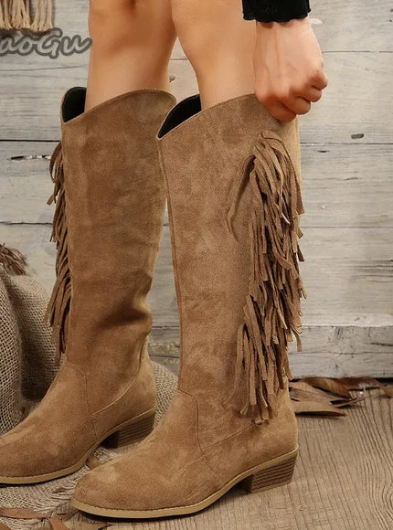 KissICON Western Cowboy Knee-High Boots Black Brown Tassels Women's