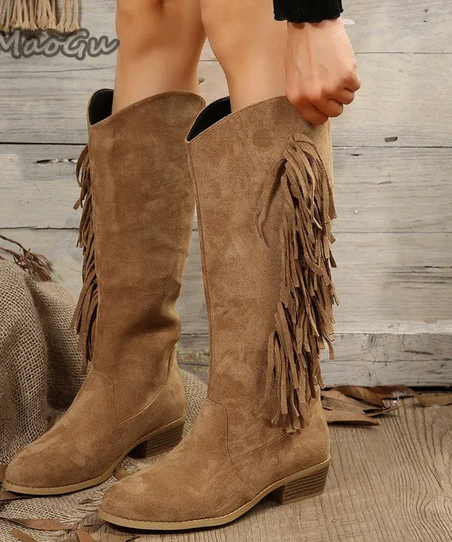 KissICON Western Cowboy Knee-High Boots Black Brown Tassels Women's