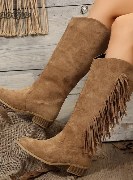 KissICON Western Cowboy Knee-High Boots Black Brown Tassels Women's