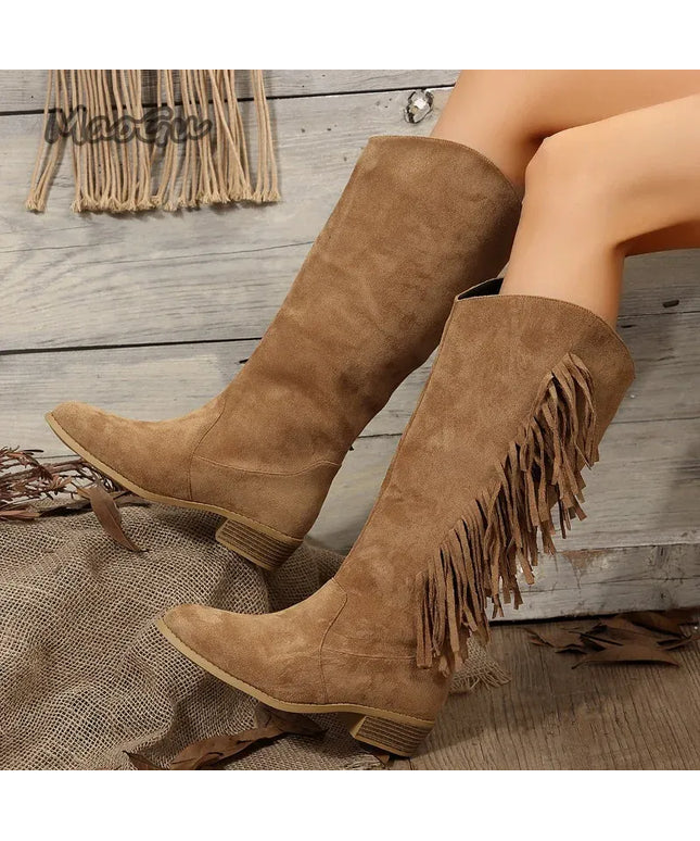 KissICON Western Cowboy Knee-High Boots Black Brown Tassels Women's