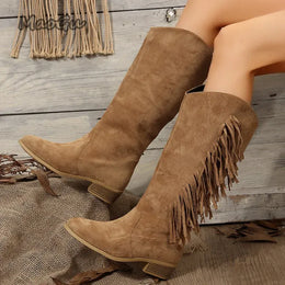 KissICON Western Cowboy Knee-High Boots Black Brown Tassels Women's