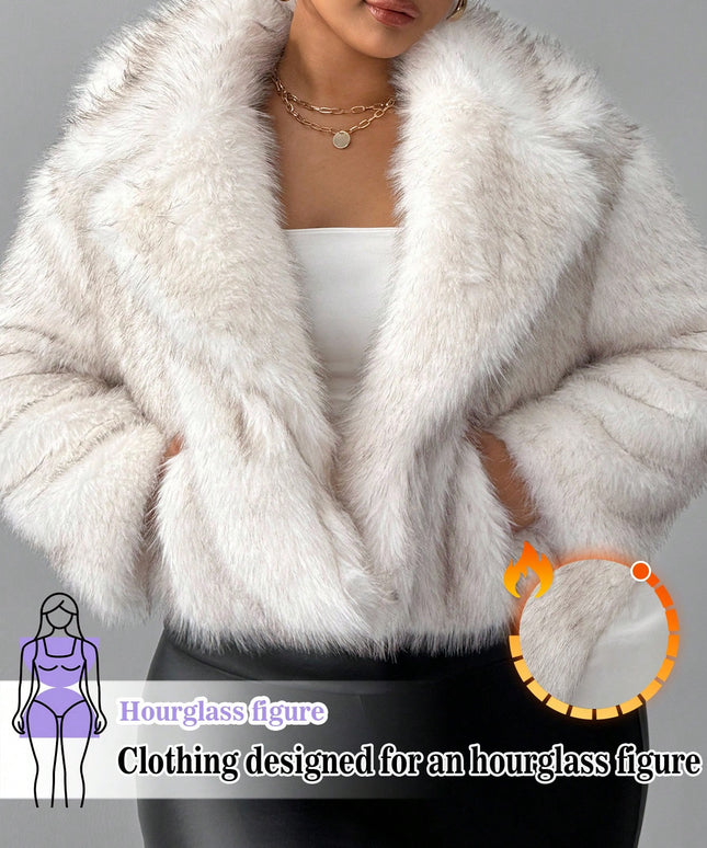 KissICON White / 0XL Hourglow Curve Lapel Necklong Sleeve Loose Faux Fur Coat