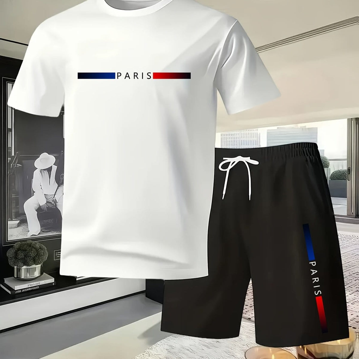 KissICON White 2 / UK 42 Paris Print Mens Summer TShirt  Shorts Set