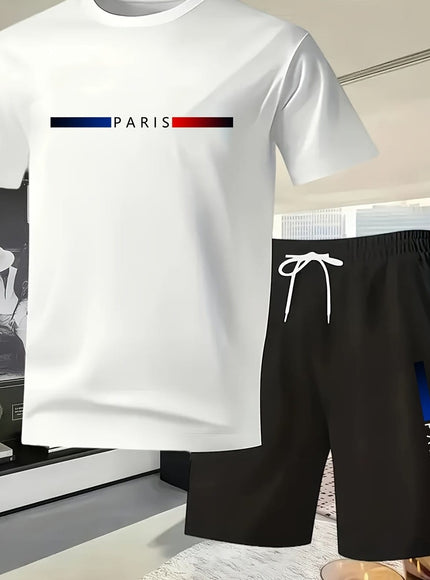 KissICON White 2 / UK 44 Paris Print Mens Summer TShirt  Shorts Set