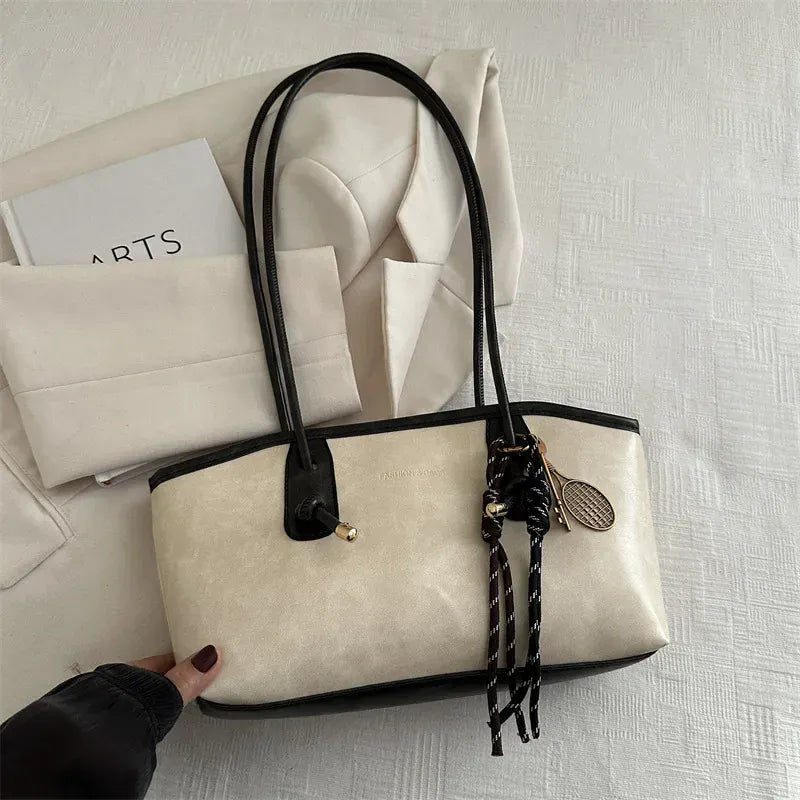 Dropshipman White / 28x7x18cm European American Retro Tote Bag, Korean Fashion Shoulder Bags Advanced Simple Handbag New Large Capacity Pendant Versatile Bags