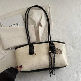 Dropshipman White / 28x7x18cm European American Retro Tote Bag, Korean Fashion Shoulder Bags Advanced Simple Handbag New Large Capacity Pendant Versatile Bags