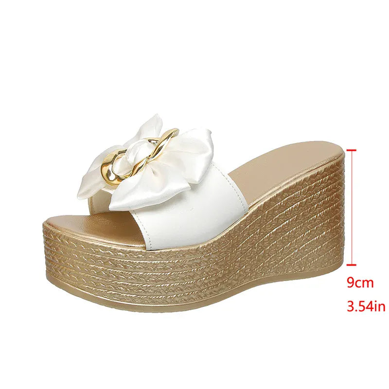 KissICON WHITE / 35 Bowtie Metal Decor Wedges Sandals for Women Elegant
