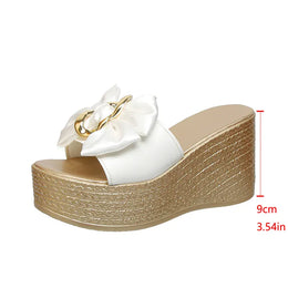 KissICON WHITE / 35 Bowtie Metal Decor Wedges Sandals for Women Elegant