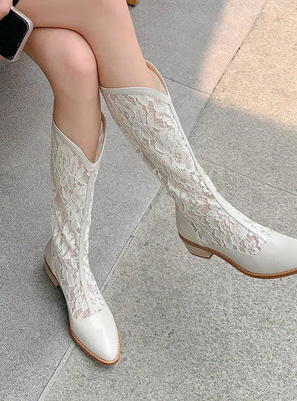KissICON White / 35 Woman Fashion Lace Flower Boots Thick Heel Pointed