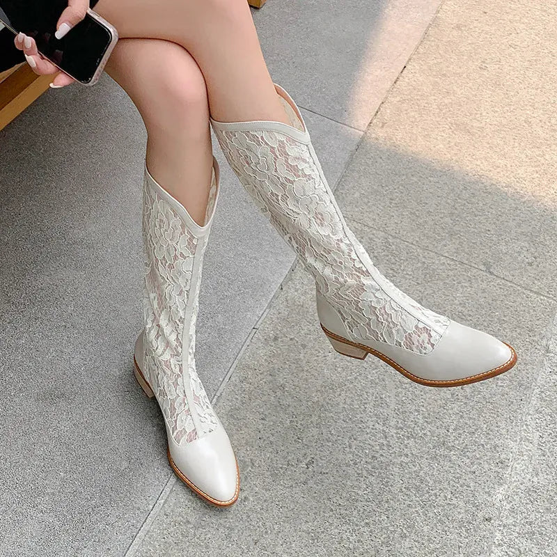 KissICON White / 35 Woman Fashion Lace Flower Boots Thick Heel Pointed
