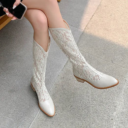 KissICON White / 35 Woman Fashion Lace Flower Boots Thick Heel Pointed