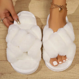 KissICON WHITE / 36-37 Fashion Cross Straps Fur Slippers Women Winter Non