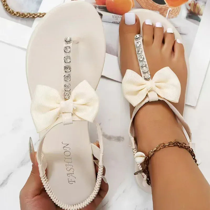 KissICON WHITE / 37 Women's Bowtie Decor Solid Flat Sandals Shiny Crystal
