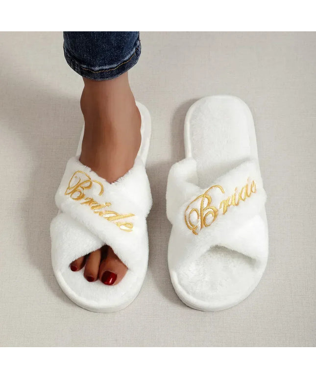 KissICON white / 38-39 Bride Embroidered Plush Slippers Wedding Supplies Women Honeymoon