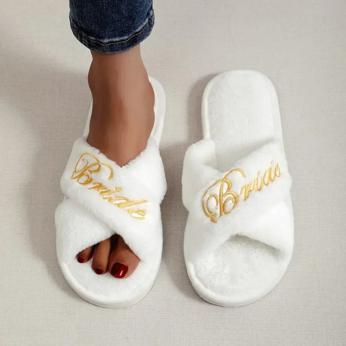KissICON white / 38-39 Bride Embroidered Plush Slippers Wedding Supplies Women Honeymoon