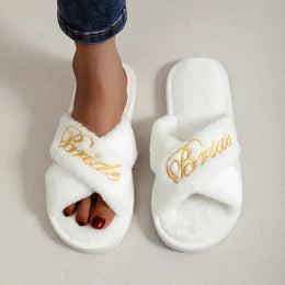 KissICON white / 38-39 Bride Embroidered Plush Slippers Wedding Supplies Women Honeymoon