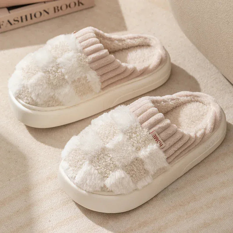 KissICON WHITE / 38-39 Fashion Couple Winter Flip Flops Warm Plaid Plush
