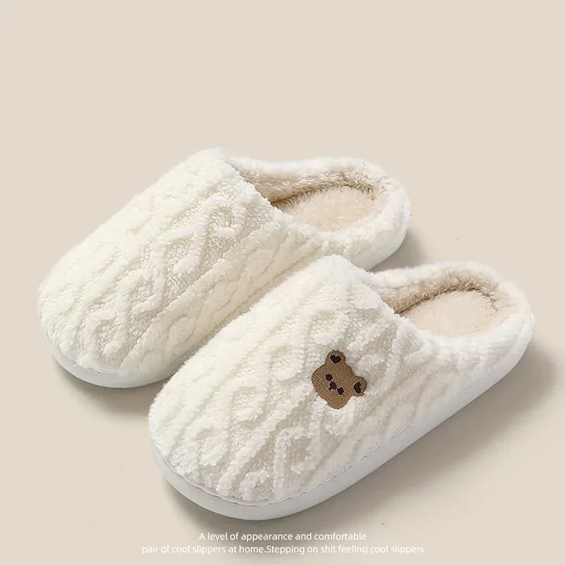 KissICON white / 38-39 Winter Fluffy Shoes Women Cotton Slippers Cartoon Bear