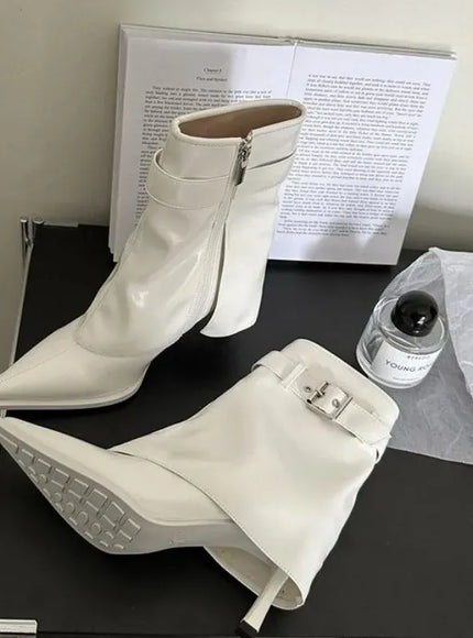 KissICON White / 39 New Design Denim Buckle Thin Heels Ankle Boots
