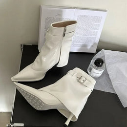 KissICON White / 39 New Design Denim Buckle Thin Heels Ankle Boots