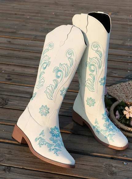 KissICON White / 39 Women's Boots New Embroidered Long Tube Boots Low