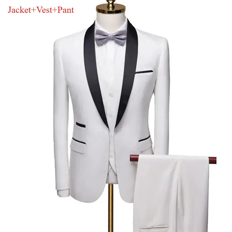 KissICON White 3pcs Set / XXXL Mens Black Lapel Suit Coat Vest Trousers for Formal Events