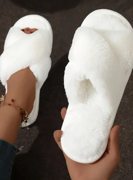 KissICON White / 40-41 Autumn New Fashion Cross Strap Fur Slippers Women
