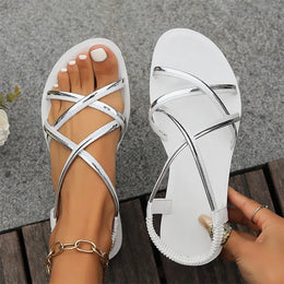 KissICON WHITE / 41 Cross Band Decor Flat Sandals for Women Plus