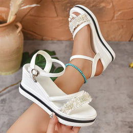 KissICON WHITE / 41 Pearl Flock Wedges Sandals for Women 2025 Fashion