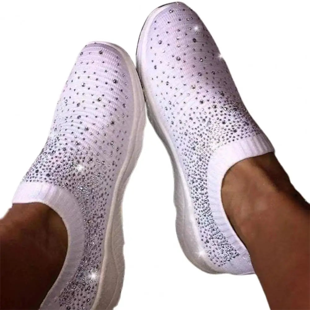 Dropshipman WHITE / 41 Women's Glitter Sneakers Slip-on EVA Elastic Topline Mesh Fashion Bling Sports Shoes Running Shoes for Gym