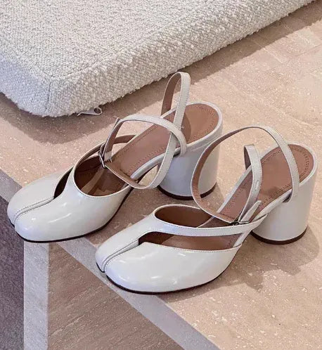 Dropshipman White / 42 2025 Tabi Sandals Women Brand Designer Cross Ankle Strap Buckle Slingback Chunky High Heels Elegant Mary Jane Split-toe Shoes