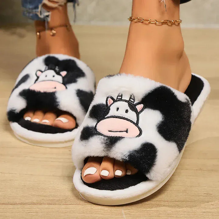 Cozy Cartoon Cow Slippers for Women Winter Flat