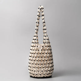 KissICON white black / 16.5x36cm Woven Hand Hollow-out Wooden Bead Tote –