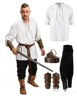 KissICON white black / M 4 Pcs Halloween Men's Renaissance Costume Set Medieval Pirate Shirt Ankle Banded Pants Viking Belt Accessories