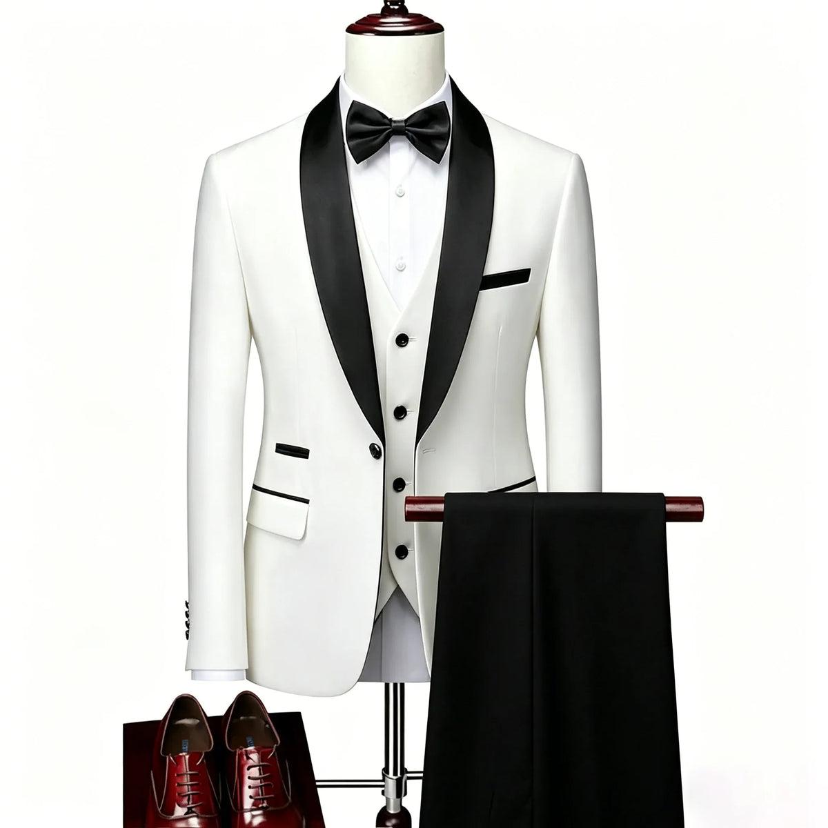 KissICON White Black / S Mens Beige Tuxedo Suit Jacket Vest Pants Set