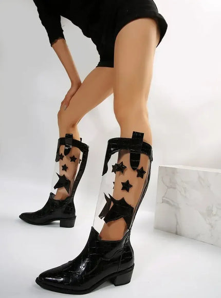 KissICON White Black Star Glamour Boots Zip Slip-On Fashion-Forward