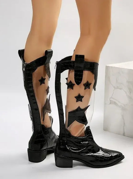 KissICON White Black Star Glamour Boots Zip Slip-On Fashion-Forward
