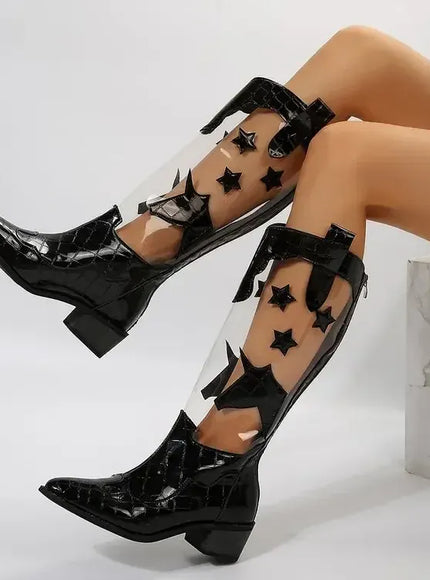 KissICON White Black Star Glamour Boots Zip Slip-On Fashion-Forward
