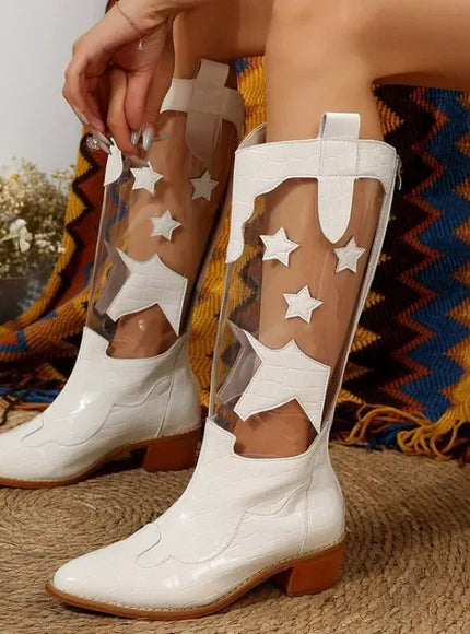 KissICON White Black Star Glamour Boots Zip Slip-On Fashion-Forward