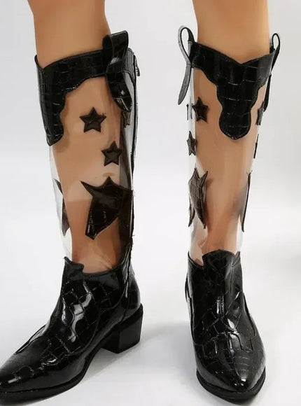 KissICON White Black Star Glamour Boots Zip Slip-On Fashion-Forward