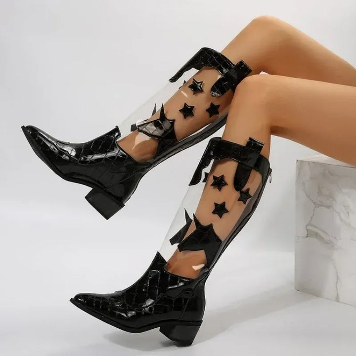 White Black Star Glamour Boots Zip Slip-On Fashion-Forward