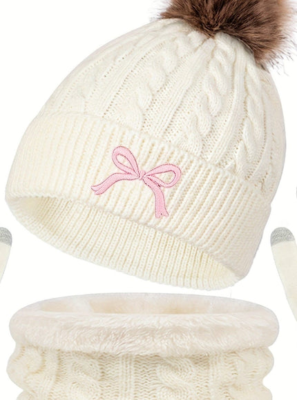 jkthpu-45 White bow three piece set 3Pc Womens Cozy Winter Hat Scarf Gloves Set
